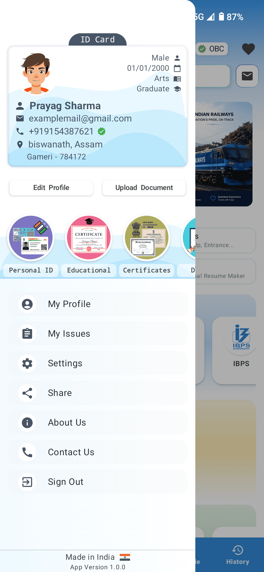 Avedan app navigation menu